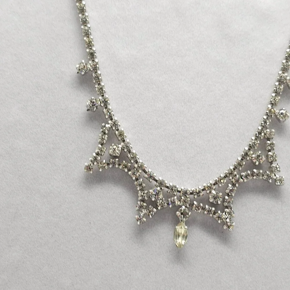Silver Rhinestone Choker Necklace With Elegant Dangling Teardrop Pendant 15 in